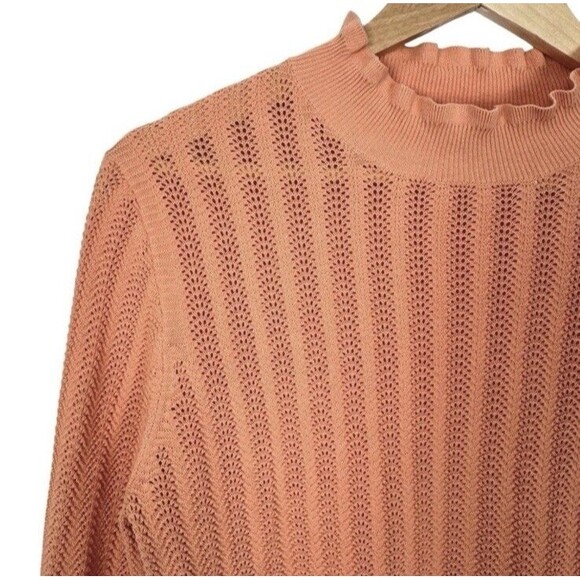J Crew Women Ruffle Sweater M Peach Sheer Preppy Pastel Pointelle 100% Cotton - Picture 3 of 12